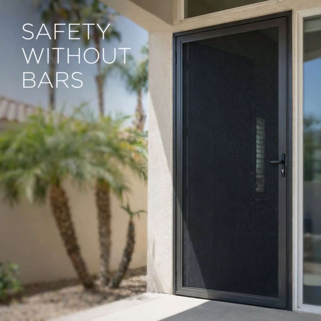 Modern black security screen door on a stucco home with palm trees.