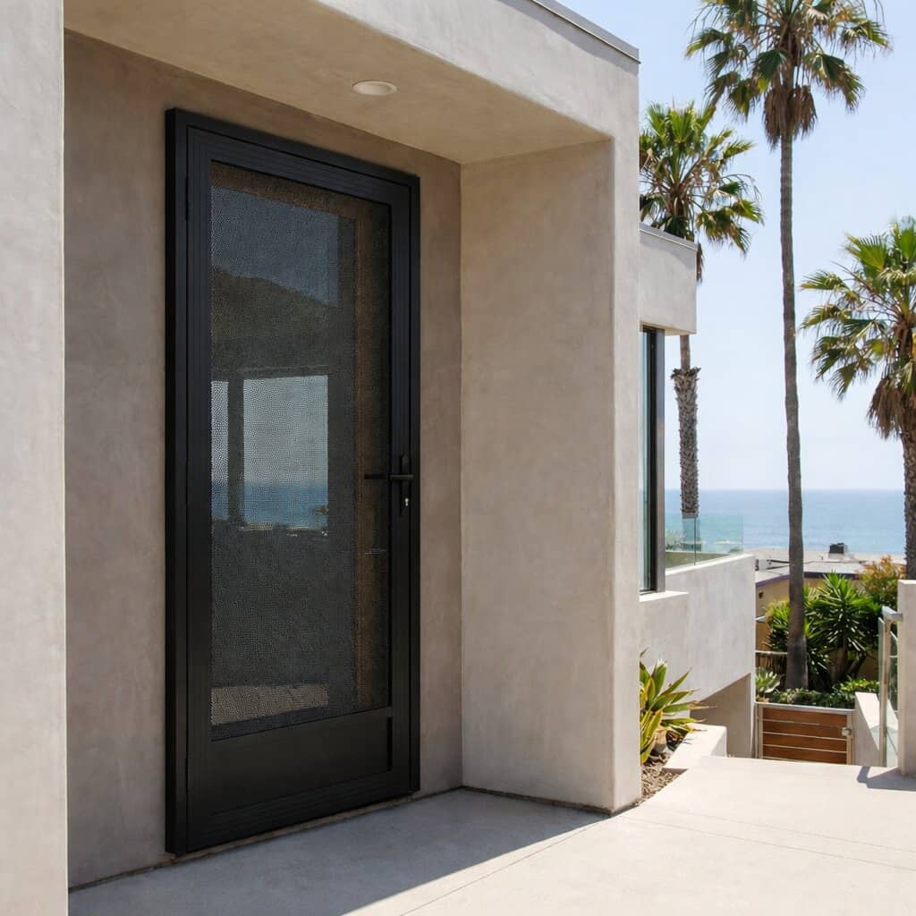 A modern home entrance in a coastal Los Angeles neighborhood, featuring a sleek black security screen door that is resistant to the marine environment visible in the background.