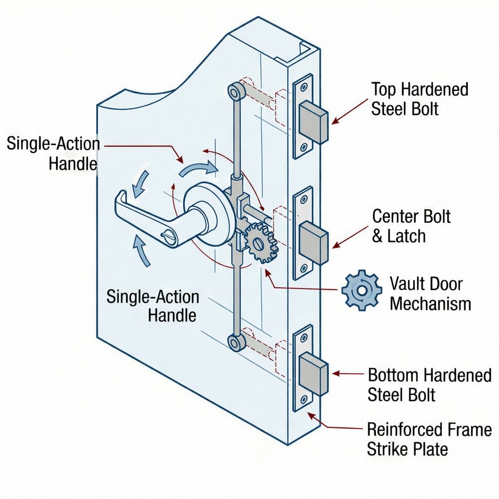 A diagram and photograph showing a 3-point locking system on a security screen door, where a single handle activates three separate hardened steel bolts that lock into the door frame.