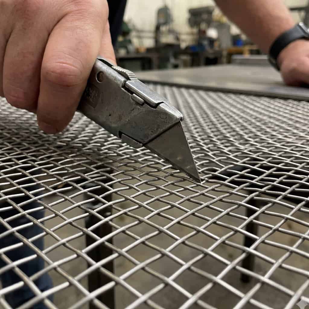 A close-up photograph shows a utility knife blade pressing forcefully against a high-tensile stainless steel security mesh, which remains uncut.